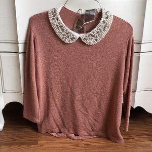 Pink sweater shirt with a Peter Pan collar